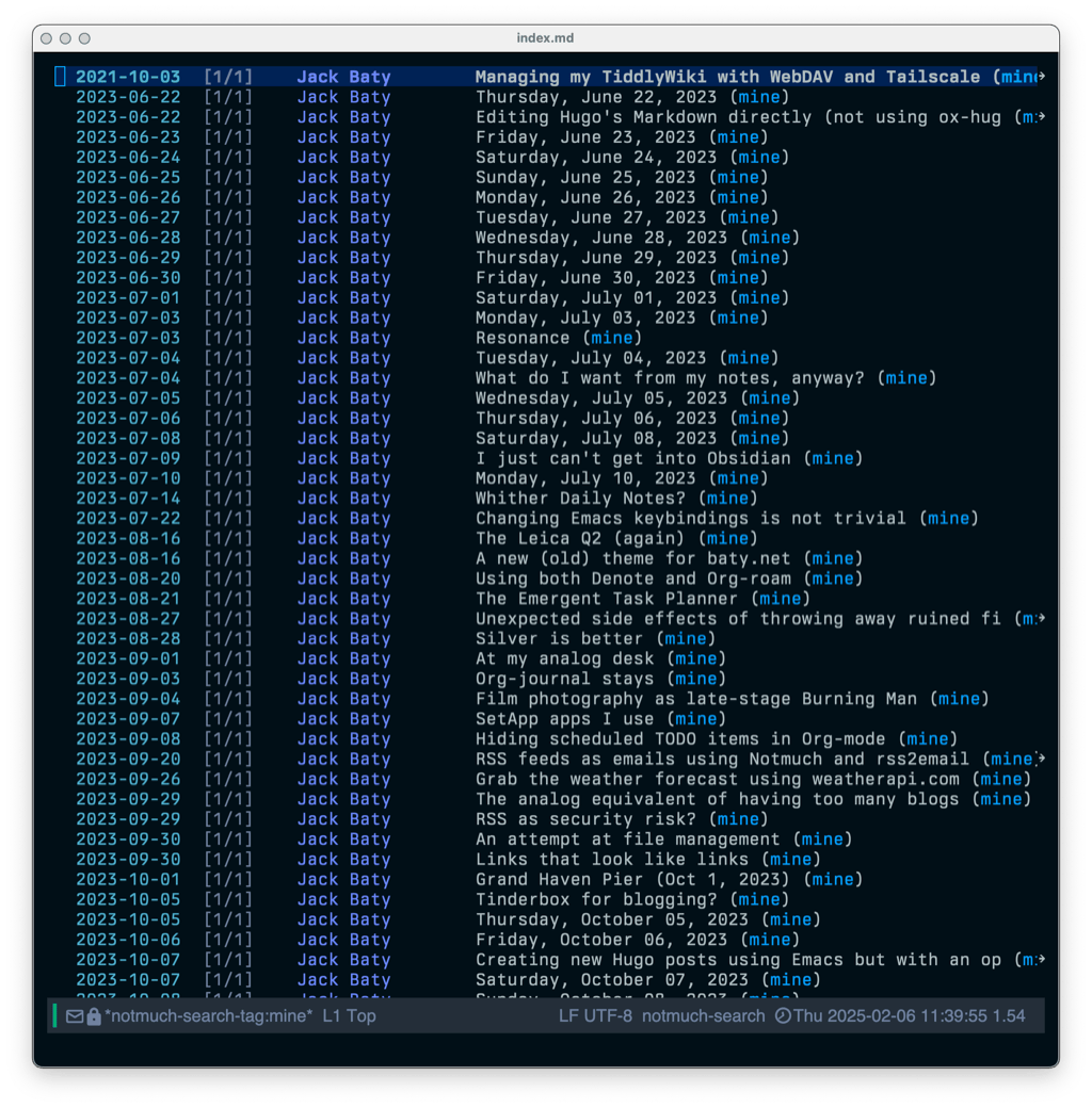 Screenshot of Emacs running Notmuch